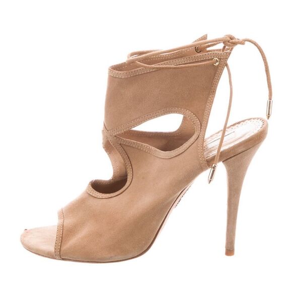 Aquazzura Firenze Tan Suede Leather Open Toe Tie Back Ankle Cuff Stiletto Heels - Picture 1 of 4